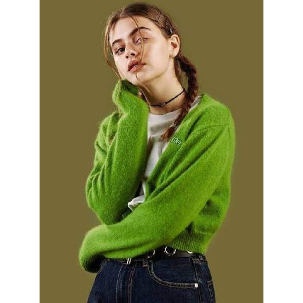 UNIF Green Cropped Cardigan Womens Medium Lime Fuzzy Knit Logo